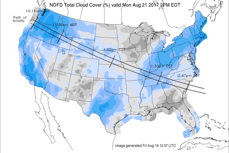 This image provided by the U.S. National Oceanic and Atmospheric Administration on Friday, Aug. 18, 2017 shows a forecast map of cloud cover for the United States for Monday, Aug. 21, 2017, and the path of totality of the solar eclipse that day. (NOAA via AP)